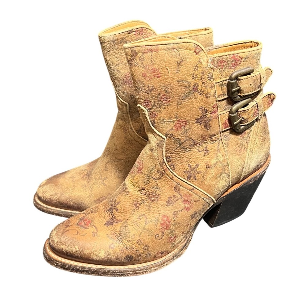 Lucchese Catalina‎ Floral Leather Ankle Boots 6.5B Tan Distressed Buckle M4953